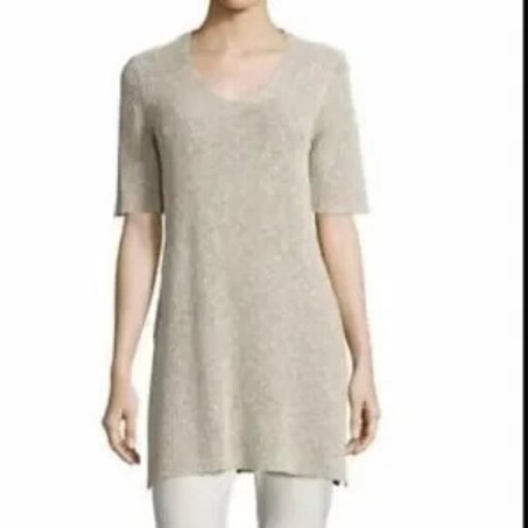 Eileen Fisher Pebble Beige Mélange Half-Sleeve V-Neck Tunic Linen Blend XL - Picture 2 of 10